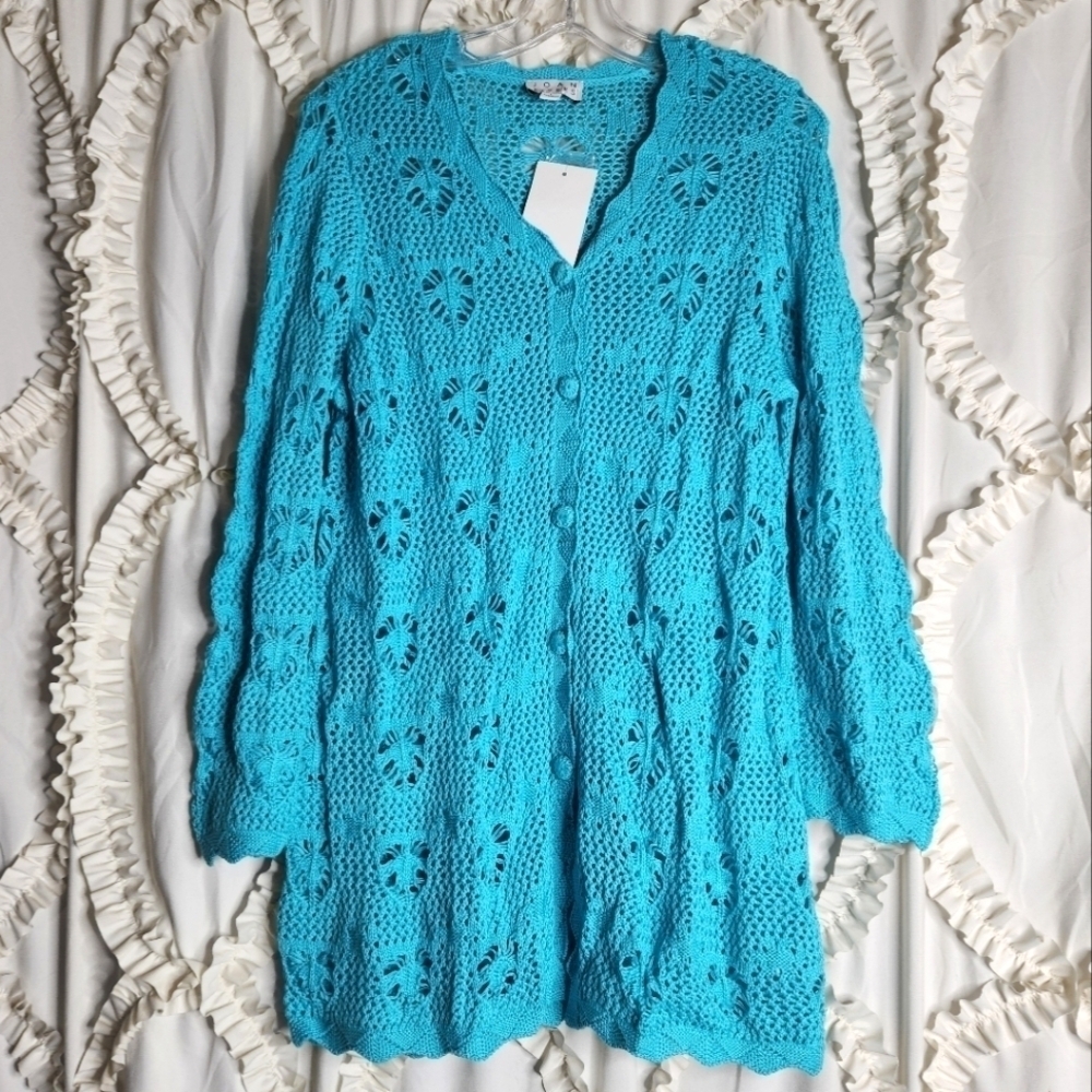 New JOAN RIVERS Aqua Blue Long Cardigan Size L Knitted Heart Long Sleeves